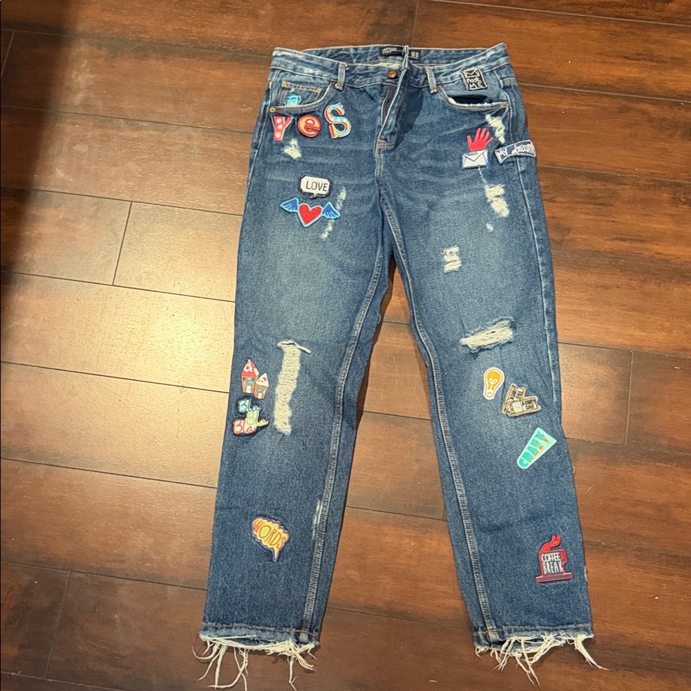 Zara Blue Straight Leg Jeans with Colorful Patches